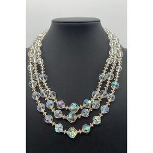 Vintage Vendome Triple Strand Aurora Borealis AB Faceted Crystal Necklace